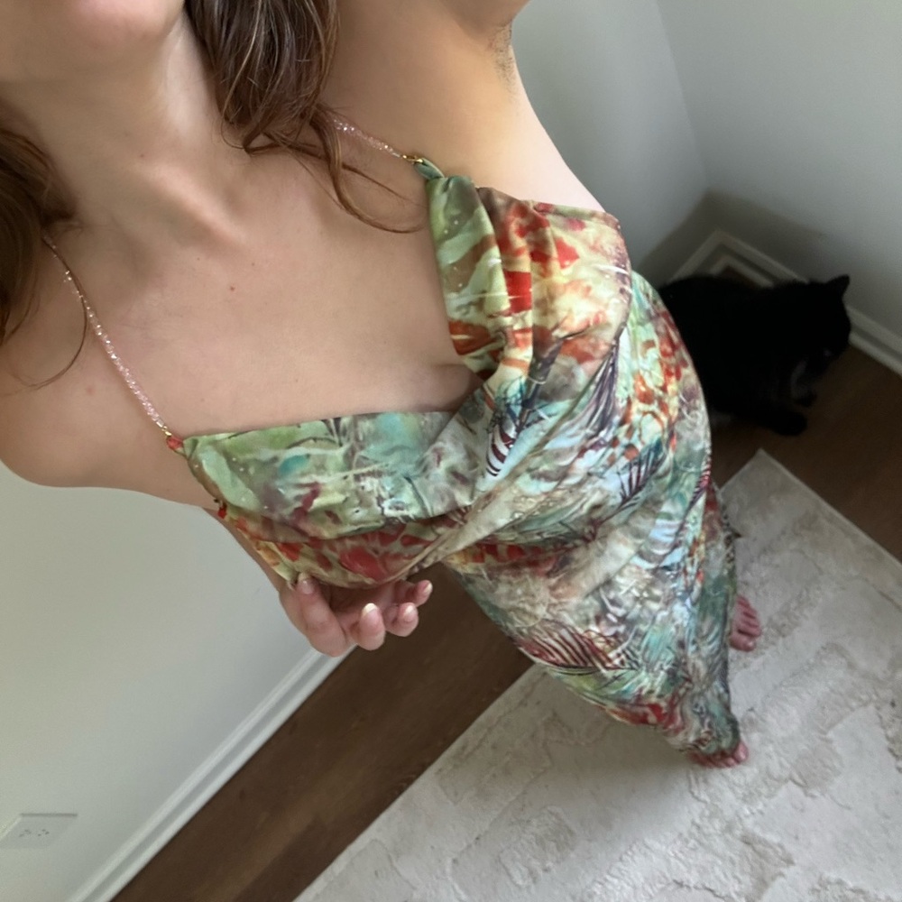 Silk Cowl Neck Slip Dress in Multicolor Jungle Print